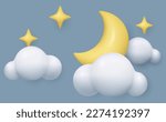 3d cloud moon stars realistic night weather icon. Toy glossy plastic three dimensional evening sky vector illustration of half moon and cartoon cumulus fluffy cloud on grey sky background.