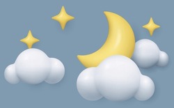 3d Cloud Moon Stars Realistic Night Weather Icon. Toy Glossy Plastic Three Dimensional Evening Sky Vector Illustration Of Half Moon And Cartoon Cumulus Fluffy Cloud On Grey Sky Background.