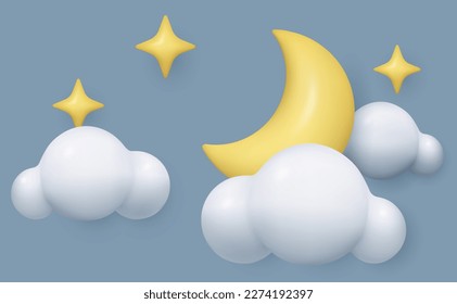 3D Wolkenmond Sterne realistisches Nachtwettersymbol. Spielzeugglänzender Kunststoff, dreidimensionaler Abend, HimmelskVektorgrafik von Halbmond und Cartoon-Cumulus-Flaute Wolke auf grauem Himmelshintergrund.