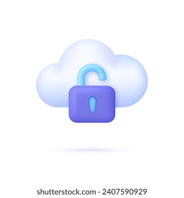 3D Cloud Protection icon. Safe online storage. Cloud security concept. Opened padlock. Data storage. Technology concept. Trendy and modern vector in 3d style