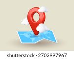 3D cloud and red location pin icon in modern style. Vector illustration for cloud computing, GPS, and map navigation concepts.