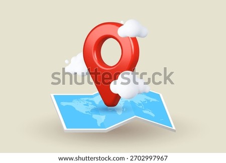 3D cloud and red location pin icon in modern style. Vector illustration for cloud computing, GPS, and map navigation concepts.
