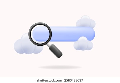 3d Cloud search icon with a magnifying glass and blue search bar. SEO, web browsing, online search, and digital marketing concepts. vector illustration