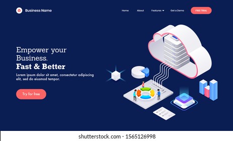 3D cloud server connected with infographic element like as pie chart, bar graph and chip for Empower Your Business Fast & Better concept based landing page design.