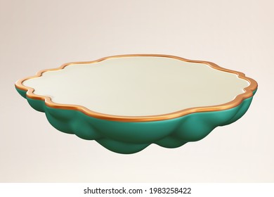 3d cloud shape display podium. Illustration of floating stage with golden edge and green bottom on a white background. Suitable for product presentation