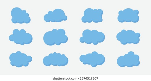 3D cloud. Simple cloudy shapes. Cartoon blue puffy, fluffy and cumulus clouds in blue sky. Abstract comic weather elements. Objects cloudscape for game