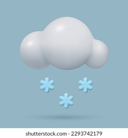 3d Cloud with snowflakes. Cute cartoon minimal weather forecast icon. Vector realistic three dimensional style snowing illustration.