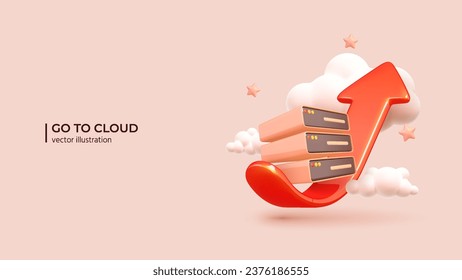 3D - Cloud Solutions Concept. Realistic 3d design of Servers with Red Arrow and Clouds. 3D Vector illustration in cartoon minimal style.