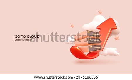 3D - Cloud Solutions Concept. Realistic 3d design of Servers with Red Arrow and Clouds. 3D Vector illustration in cartoon minimal style.
