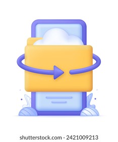 3D Cloud storage on Phone. Digital file organization service or app with data transferring. Synchronization Cloud concept. Internet Archive. Trendy and modern vector in 3d style