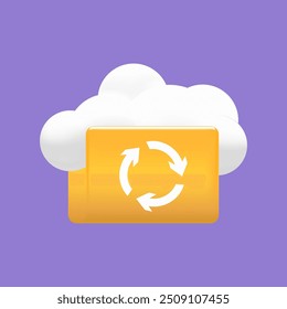 Icono de almacenamiento y Tecnología en la nube 3D: sincronización de archivos digitales, Organización y servicios de transferencia de datos. Ilustraciones vectoriales
