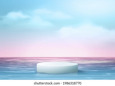 3d cloud summer background product display podium scene with cloud platform. summer background vector 3d render on ocean, podium display in sea. stand show cosmetic product display blue sky cloud