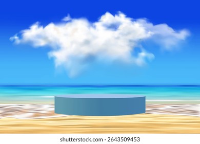 3d cloud summer background product display podium scene with cloud platform. summer background vector 3d render on ocean, podium display in sea. stand show cosmetic product display blue sky cloud