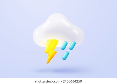 3D cloud with thunderbolt or flash of lightning. weather forecast, rainy weather and storm. Thunder meteorological conditions. 3d cloud with yellow glow lightning bolt vector icon render illustration