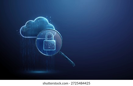 Nube 3D bajo lupa con candado en el interior. Auditoría de seguridad en la nube, protección de datos, análisis de ciberseguridad, acceso seguro, concepto de seguridad de la información. Vector de estilo futurista digital de baja poli.