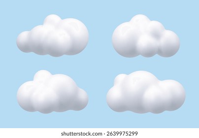 3d cloud vector render cartoon on blue background illustration. Cartoon clouds set art. Weather concept element.