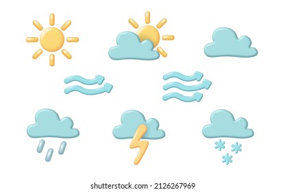 3D cloud weather icon. Sunny rainy stormy wind meteorology signs. Mobile element camp travel logo. Climate change forecast map app. Glowing vector illustration