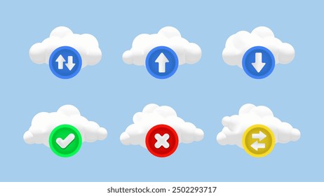 3D Clouds and Arrow Upload, Download and Synchronization Graphics for Cloud Computing and Data Storage - Vector Illustration