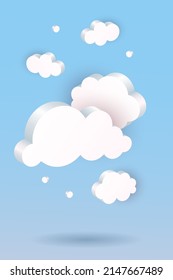 3D Clouds Background. White Geometric Shapes In Blue Sky, Communication Balloon, Web Internet Symbol, Meteorology Climate, Decorative Backdrop, Vertical Poster Or Banner Vector Isolated Illustration