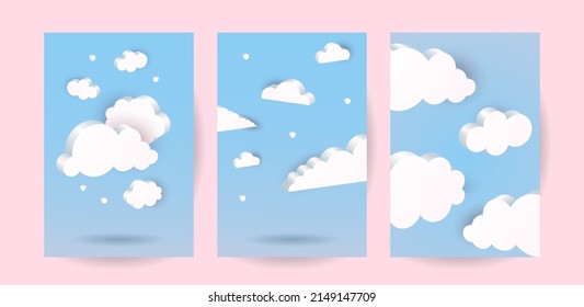 3D Clouds Background. White Geometric Shapes In Blue Sky, Communication Balloon, Web Internet Symbol, Meteorology Climate, Decorative Backdrop, Vertical Poster Or Banner Vector Isolated Set