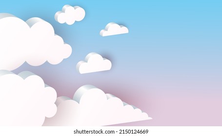 3D clouds background. White geometric shapes in blue sky, web internet symbol, meteorology climate, decorative backdrop, horizontal poster or banner with copy space, vector isolated illustration