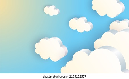 3D clouds background. White geometric shapes in blue sky, web internet symbol, meteorology climate, decorative backdrop, horizontal poster or banner with copy space, vector isolated illustration