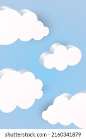 3D Clouds Background. White Geometric Shapes In Blue Sky, Communication Balloon, Web Internet Symbol, Meteorology Climate, Decorative Backdrop, Vertical Poster Or Banner Vector Isolated Illustration