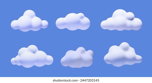 3d  clouds cartoon set isolated on a blue background. White soft round cartoon fluffy clouds icons