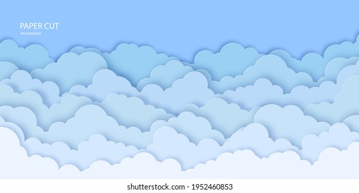 3d clouds on blue sky background in paper cut style. Vector illustration for banner, background, card, invitation, congratulations, design.
