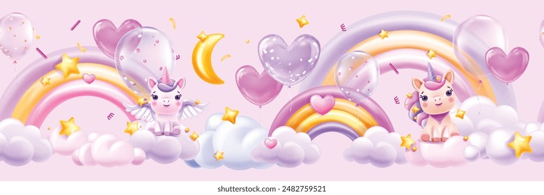 3D clouds rainbow seamless border, vector magic kids pink background, cute cartoon unicorn, stars. Fairy tale sky horizontal wallpaper, baby kawaii pony bedroom banner. Sweet fantasy 3D clouds frame