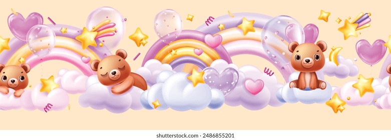 3D clouds rainbow seamless border, magic kids pink background, vector cute cartoon bear, stars. Fairy tale sky horizontal wallpaper, baby toy bedroom banner. Sweet fantasy 3D clouds pastel frame