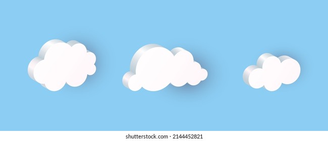 3D Clouds. Realistic Icon Set, White Geometric Shapes In Blue Sky, Communication Balloon, Web Internet Symbol, Meteorology Climate Element, Decorative Objects Vector Isolated Illustration