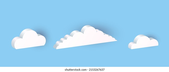 3D Clouds. Realistic Icon Set, White Geometric Shapes In Blue Sky, Communication Balloon, Web Internet Symbol, Meteorology Climate Element, Decorative Objects Vector Isolated Illustration