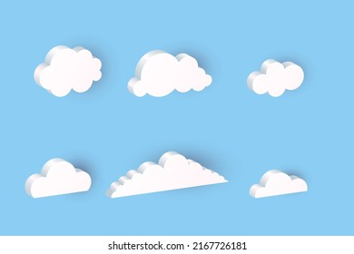 3D Clouds. Realistic Icon Set, White Geometric Shapes In Blue Sky, Communication Balloon, Web Internet Symbol, Meteorology Climate Element, Decorative Objects Vector Isolated Illustration