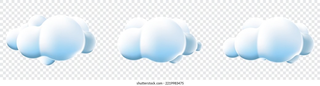 3d clouds set isolated background. Render soft round cartoon fluffy clouds icons. 3d geometric shapes. Various cartoon soft cloud shapes. Vector illustration