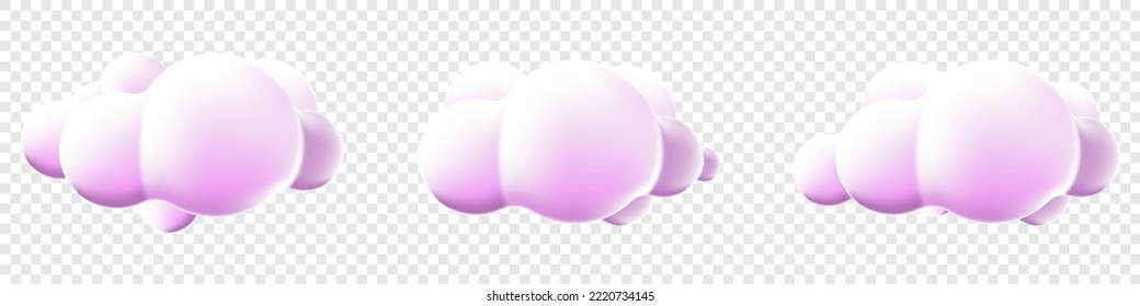 3d clouds set isolated background. Render soft round cartoon fluffy clouds icons. 3d geometric shapes. Various cartoon soft cloud shapes. Vector illustration