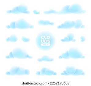 3D clouds set isolated on a blue background. Signs and icons collection. Realistic elements. White color. Simple cartoon design. Flat style vector illustration.