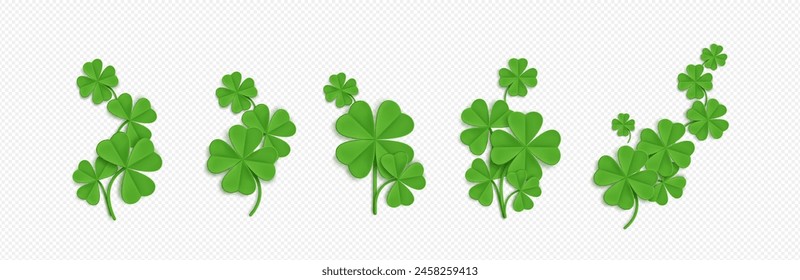 3d clover four leaf and shamrock on St Patrick day. Lucky 4 leaves grass plant for March spring design decoration. Various seasonal symbol clipart of Ireland culture and event celebration graphic.