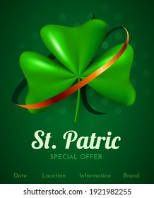3d clover leaf. Happy St. Patric's day. Special offer banner. Vector illustration