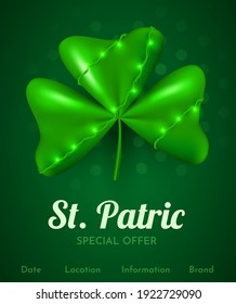 3d clover leaf. Happy St. Patric's day. Special offer banner. Vector illustration