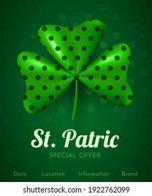 3d clover leaf. Happy St. Patric's day. Special offer banner. Vector illustration