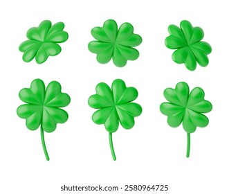 3D clover leaves set. Realistic clover with four leaves, Traditional Irish symbol of good luck, chance to success. Shamrock in different angles for Saint Patrick Day. Vector illustration on white