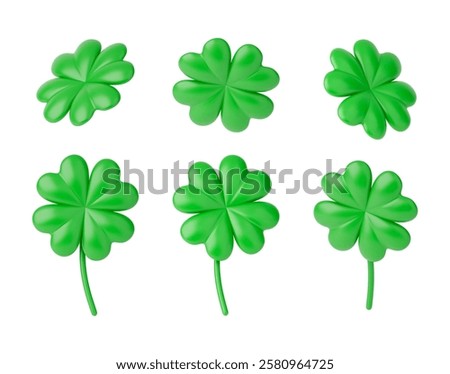 3D clover leaves set. Realistic clover with four leaves, Traditional Irish symbol of good luck, chance to success. Shamrock in different angles for Saint Patrick Day. Vector illustration on white