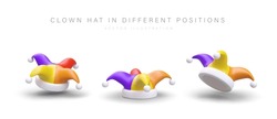 3D Clown Hat In Different Positions. Multicolored Harlequin, Jester Hat With Bells. Vector Model, Top, Bottom, Side View. Symbol Of Carnival, Holiday, Entertainment