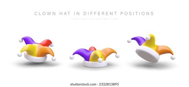 3D clown hat in different positions. Multicolored harlequin, jester hat with bells. Vector model, top, bottom, side view. Symbol of carnival, holiday, entertainment