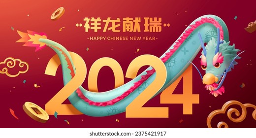 Tarjeta de felicitación 3D CNY. Dragón mezclando alrededor de 2024 con fondo rojo con confeti y decoración dorada. Texto: El dragón trae la prosperidad.