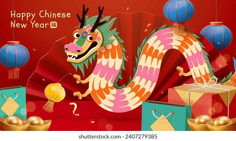 3D CNY playful pattern dragon on red background with festive decorations. Text: Fortune.