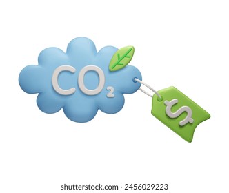 3D CO2 emission reduction Carbon credit concept. 3D CO2 cloud with price tag label. Legal regulation to reduce greenhouse gas emission. Tax credits for enterprises to stop global warming process