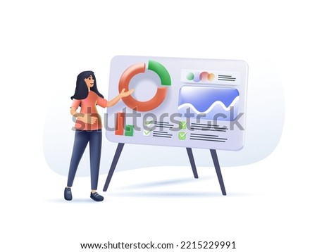 3D Coach speaking before audience. Mentor presenting charts reports, Employees meeting at business training, seminar conference. 3D Vector illustration presentation, lecture, education concept