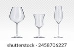 3d cocktail glasses set isolated on transparent background. Vector realistic illustration of empty containers for alcohol, juice, water, light reflection on glassware surface, party design elements